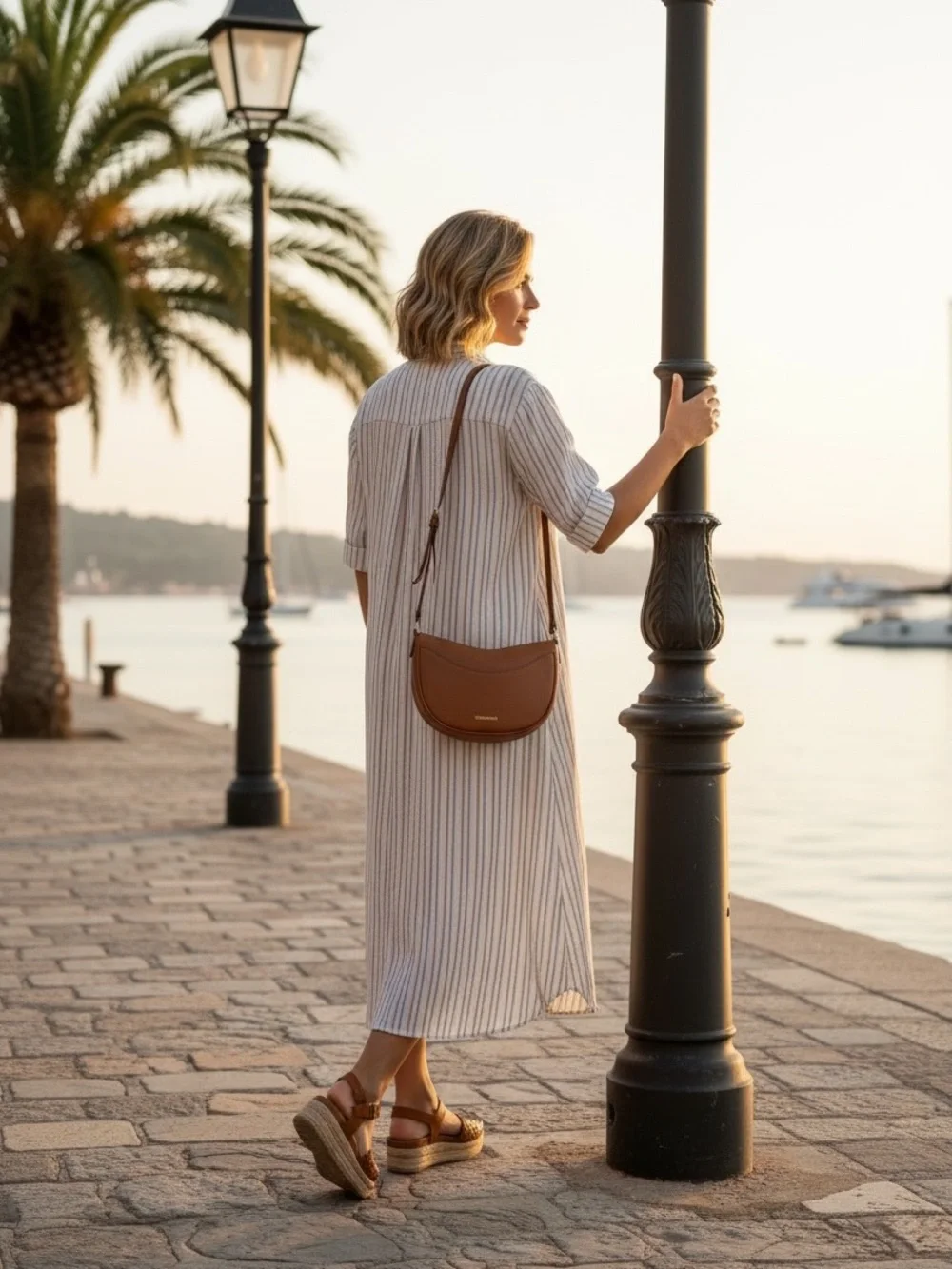 Universal Thread Striped Shirt Midi Dress in Cream and Tan - Picture 3 of 9